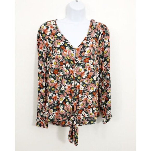 Loft Women Floral Loop Button Tie Front Boho Peasant Blouse Top Size S - Picture 2 of 9